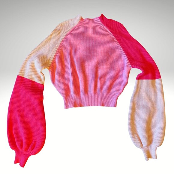 Showpo Pink Colorblock Knit Sweater Bell Sleeve Cropped Top - Picture 1 of 3